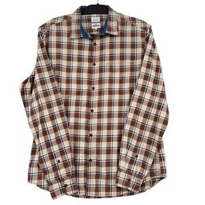 Indian Terrain Plaid Button Down Mens M Cotton Poly Brown‎ Tan Long Sleeve